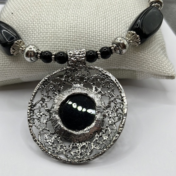 MIXIT Statement Necklace Medallion Acrylic Black Beads and Silver Tone Big Bold - Picture 10 of 11